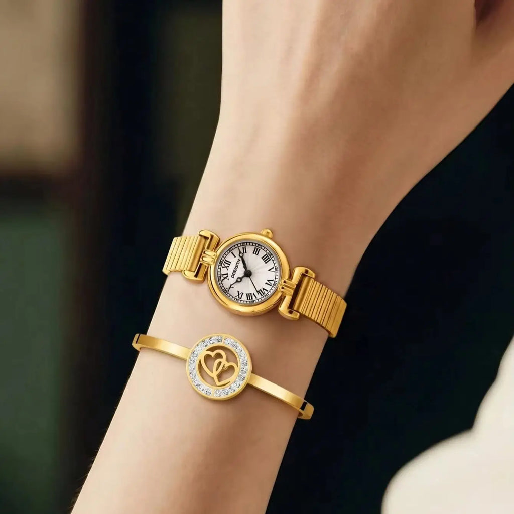Retro Roman Numeral Gold Watch & Bracelet Set for Women Women's Watch Set Nixie