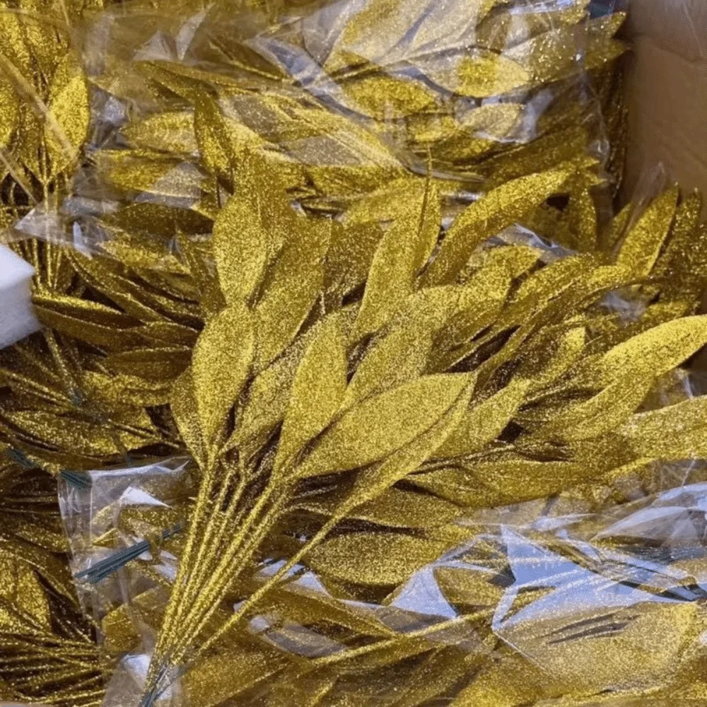 10Pcs Glitter Artificial Silk Leaves Christmas Tree & Holiday Decor Artificial Leaf Decor Nixie Gold