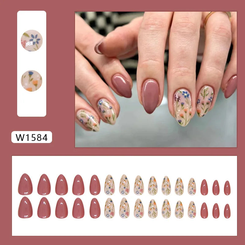 24pcs Short Almond Floral Press-On Nail Patches | Nixie Press-On Nail Tips Nixie