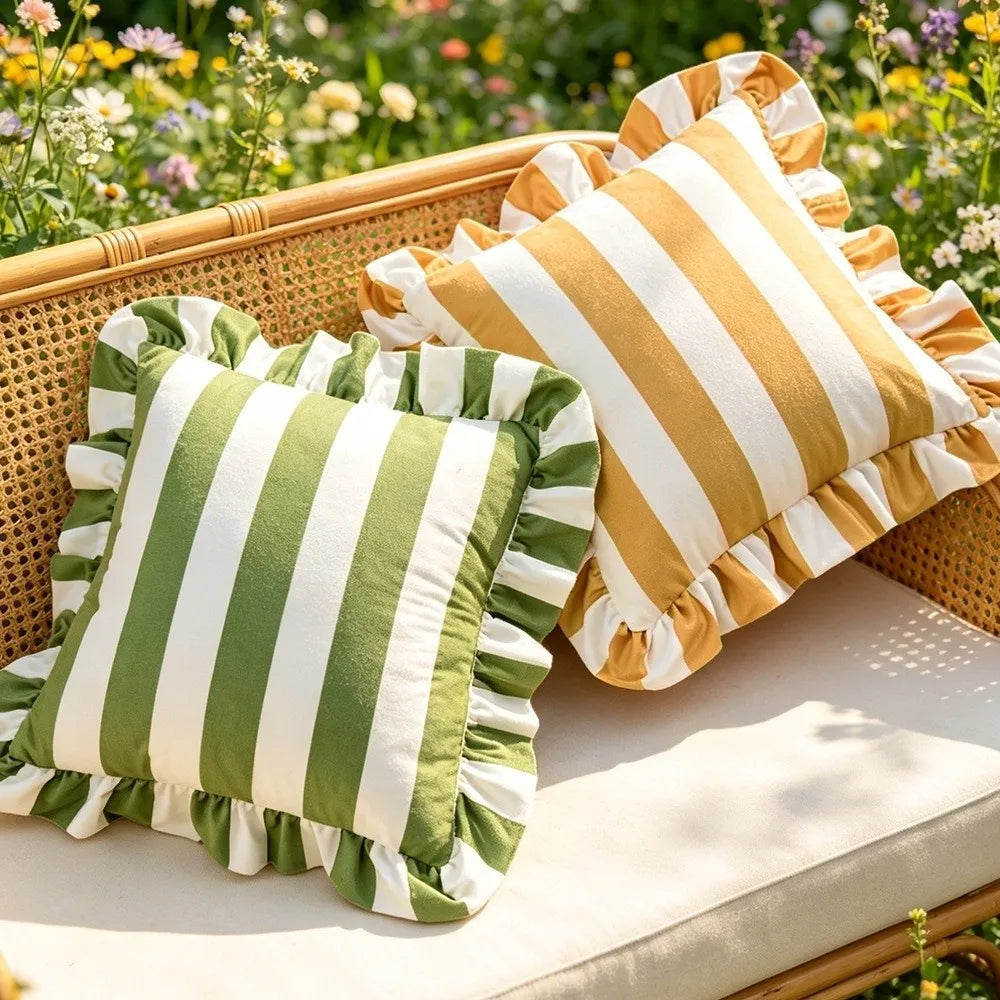 Striped Velvet Pillowcase Lotus Leaf Edge | Soft Decorative Cover Decorative Pillowcase Nixie