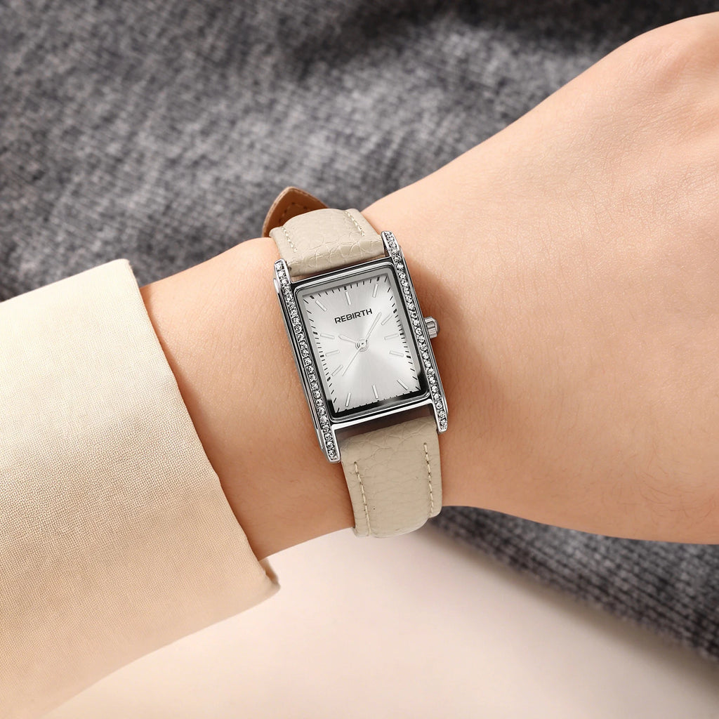 REBIRTH Women's Slim Square Dial Quartz Watch – Leather Strap Women's Quartz Watch Nixie