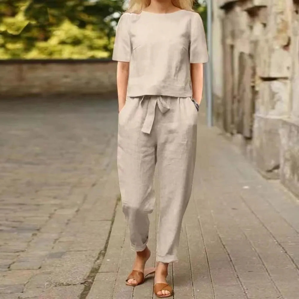 Women's Cotton Linen Two-Piece Wide-Leg Suit | Summer Set Women's Two-Piece Set Nixie Khaki XL