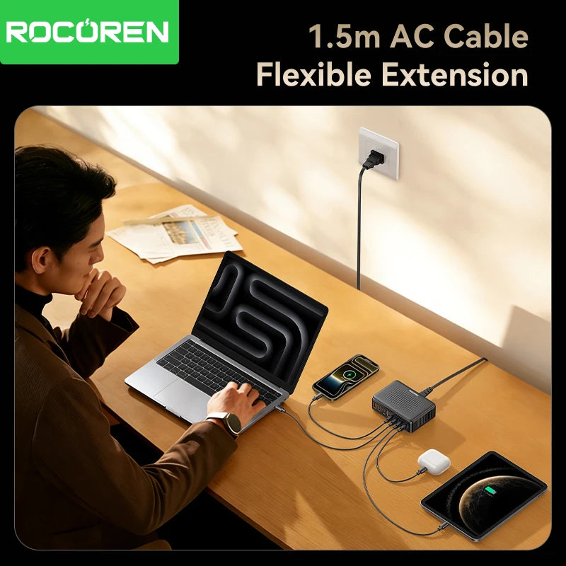 Rocoren 200W GaN 8-in-1 Desktop USB-C Fast Charging Station GaN Desktop Charger Nixie