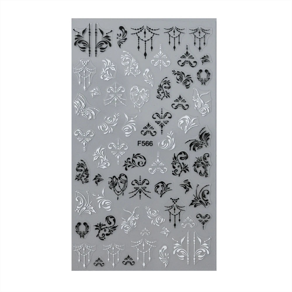 6-Piece 3D Lace Floral Nail Art Stickers – Black & White Decals Nail Art Stickers Nixie