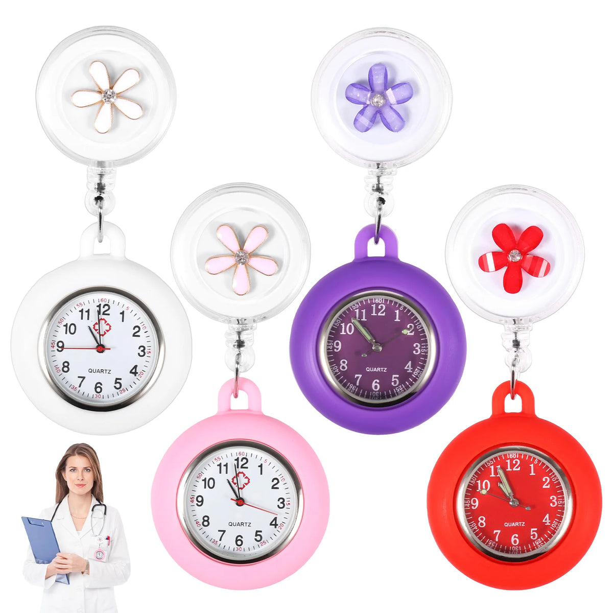 Retractable Clip-On Nurse Pocket Watch Set | 4 or 15 Pcs Clip-On Pocket Watch Nixie 4Pcs Style 1