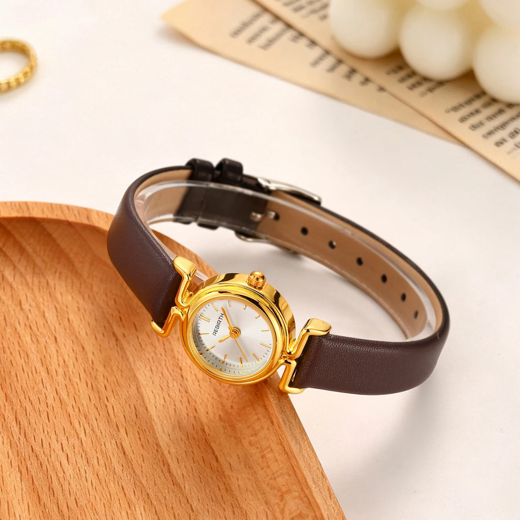 REBIRTH Gold Quartz Watch – Leather Band, Water-Resistant Quartz Wrist Watch Nixie