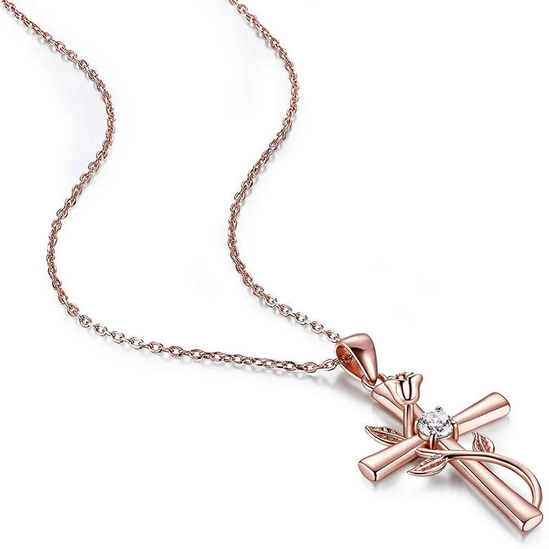 Rose Cross Glass Pendant Necklace – Romantic Flower Jewelry Pendant Necklace Nixie