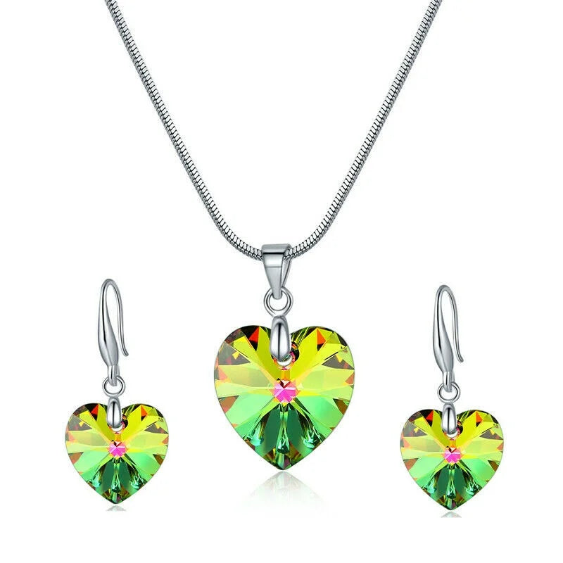 Rainbow Heart Pendant Necklace & Earrings Set | Nixie Jewelry Set Nixie green