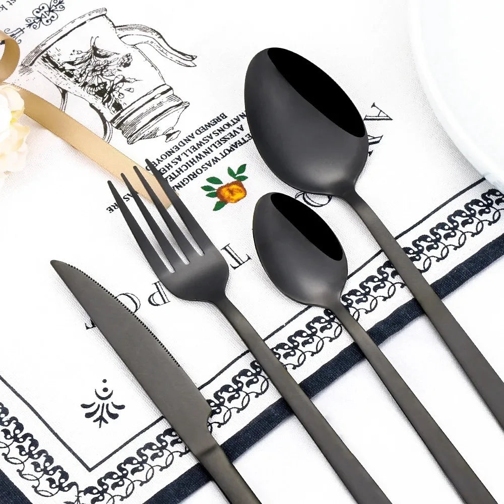 Black Stainless Steel Flatware Set – Mirror Cutlery Knife Fork Spoon