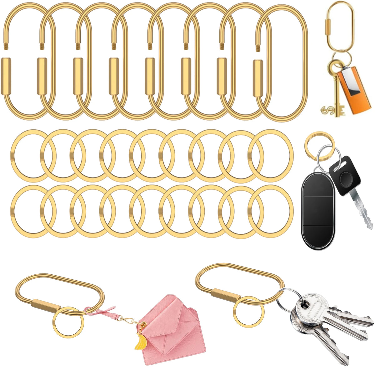 Gold Brass Screw Lock Key Rings & Carabiner Clips | Nixie Brass Key Ring Set Nixie