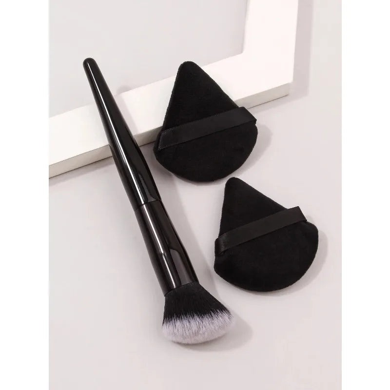 Black Angled Blush Brush & Makeup Puff Set – 3-Piece Kit Makeup Brush Set Nixie