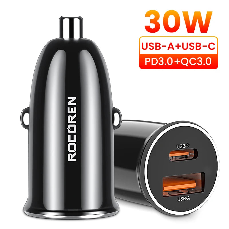 Rocoren 36W USB-C PD & QC 3.0 Dual-Port Car Charger Car Charger Adapter Nixie 30W USB With Type C