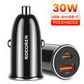 Rocoren 36W USB-C PD & QC 3.0 Dual-Port Car Charger Car Charger Adapter Nixie 30W USB With Type C