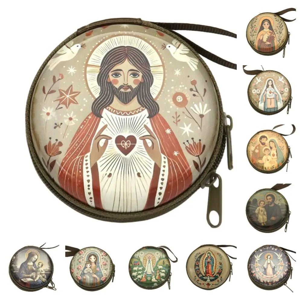 Virgin Mary Round Metal Rosary Storage Bag – Religious Keepsake Religious Storage Tin Nixie