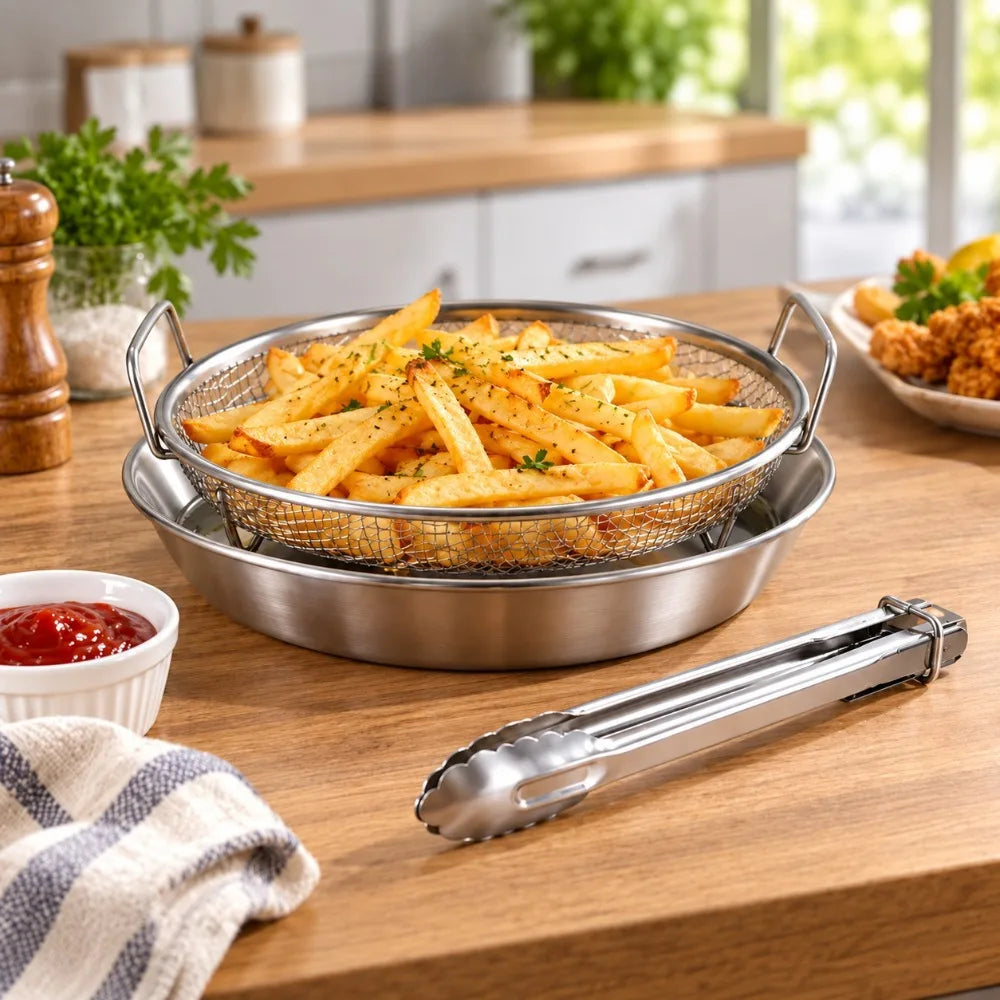 3-Piece Stainless Steel Kitchen Set: Drain Basket, Tray & Tongs Kitchen Tool Set Nixie