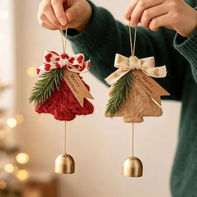 Plush Christmas Tree Ornament with Bow & Brass Bell | Xmas Decor
