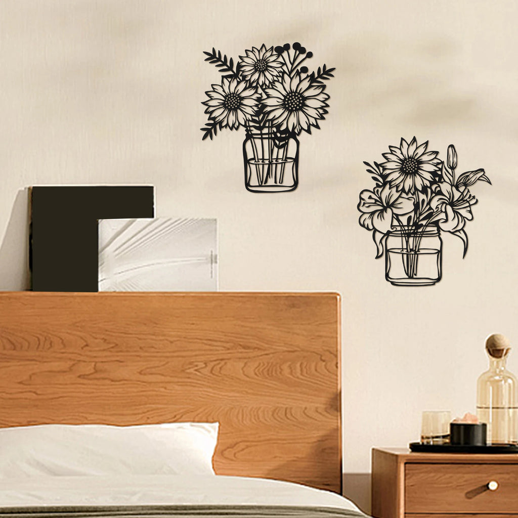 2Pcs Metal Sunflower Wall Art – Black Minimalist Wall Décor Metal Wall Art Nixie