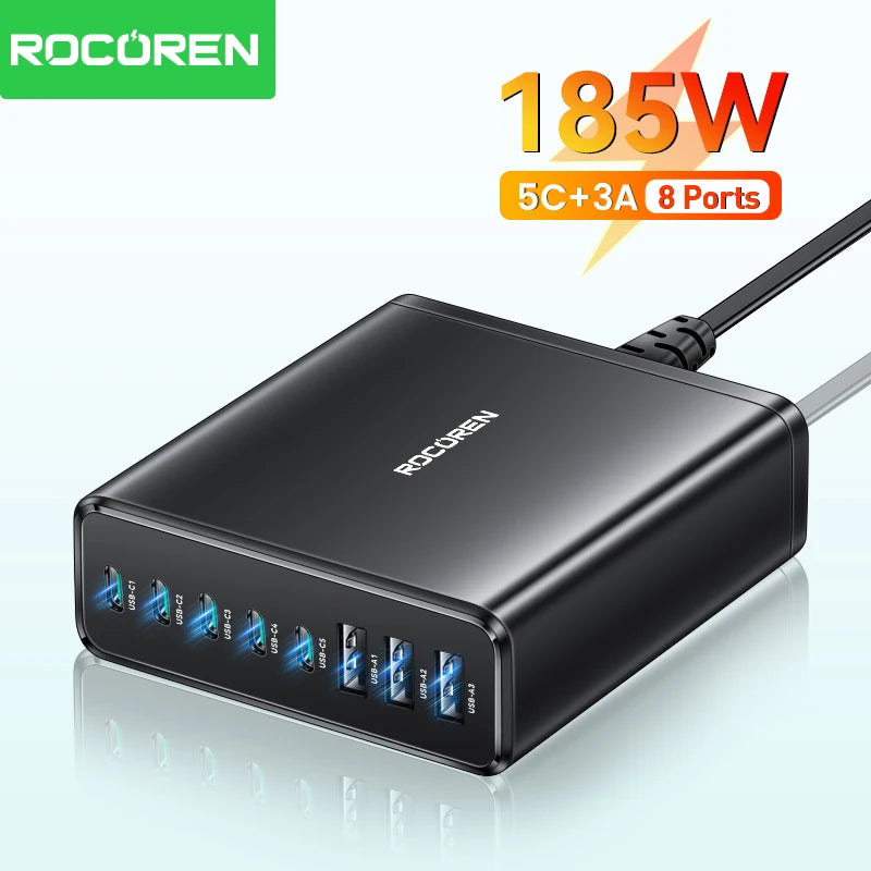 Rocoren 185W 8-in-1 Multi-Port Desktop Fast Charging Station Multi-Port Charging Station Nixie