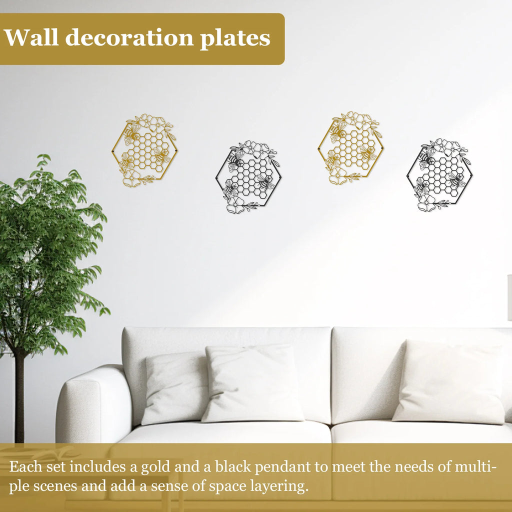 2-Piece Metal Bee Wall Art Set – Black & Gold Hanging Sculpture