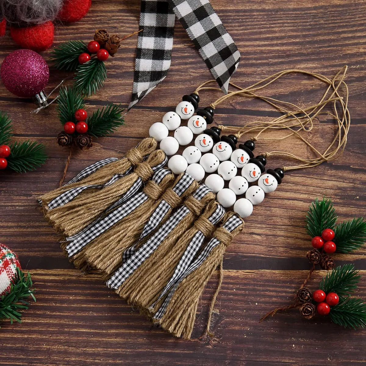 Farmhouse Snowman Wooden Bead Garland Plaid Tassel Christmas Décor Christmas Bead Garland Nixie