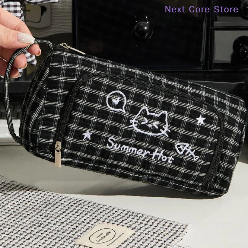 Cute Cat Embroidery Pencil Case Large Capacity Stationery Bag Embroidery Pencil Case Nixie
