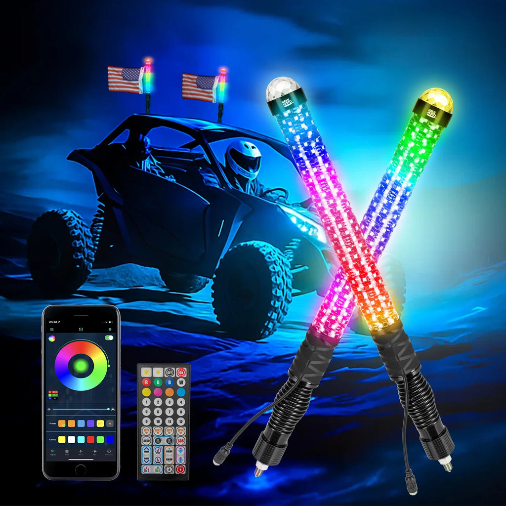 KEMIMOTO RGB Fat Whip Lights App & Remote – ATV UTV RZR Offroad LED Whip Lights Nixie