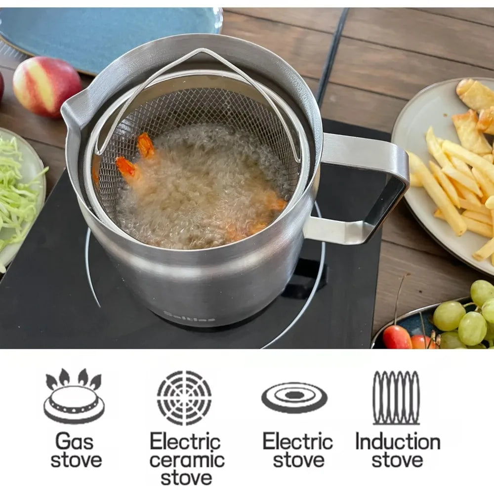 304 Stainless Steel 2L Deep Fryer Pot with Basket & Strainer Deep Fryer Pot Nixie