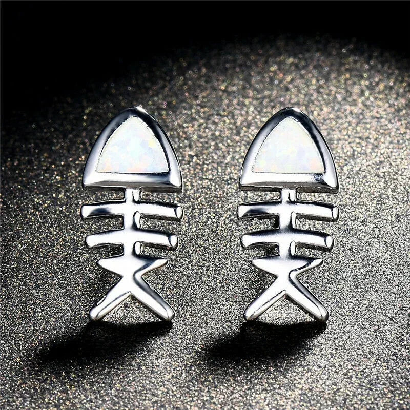 Fish Hook Dangle Earrings – Simulated Opal Drop Design