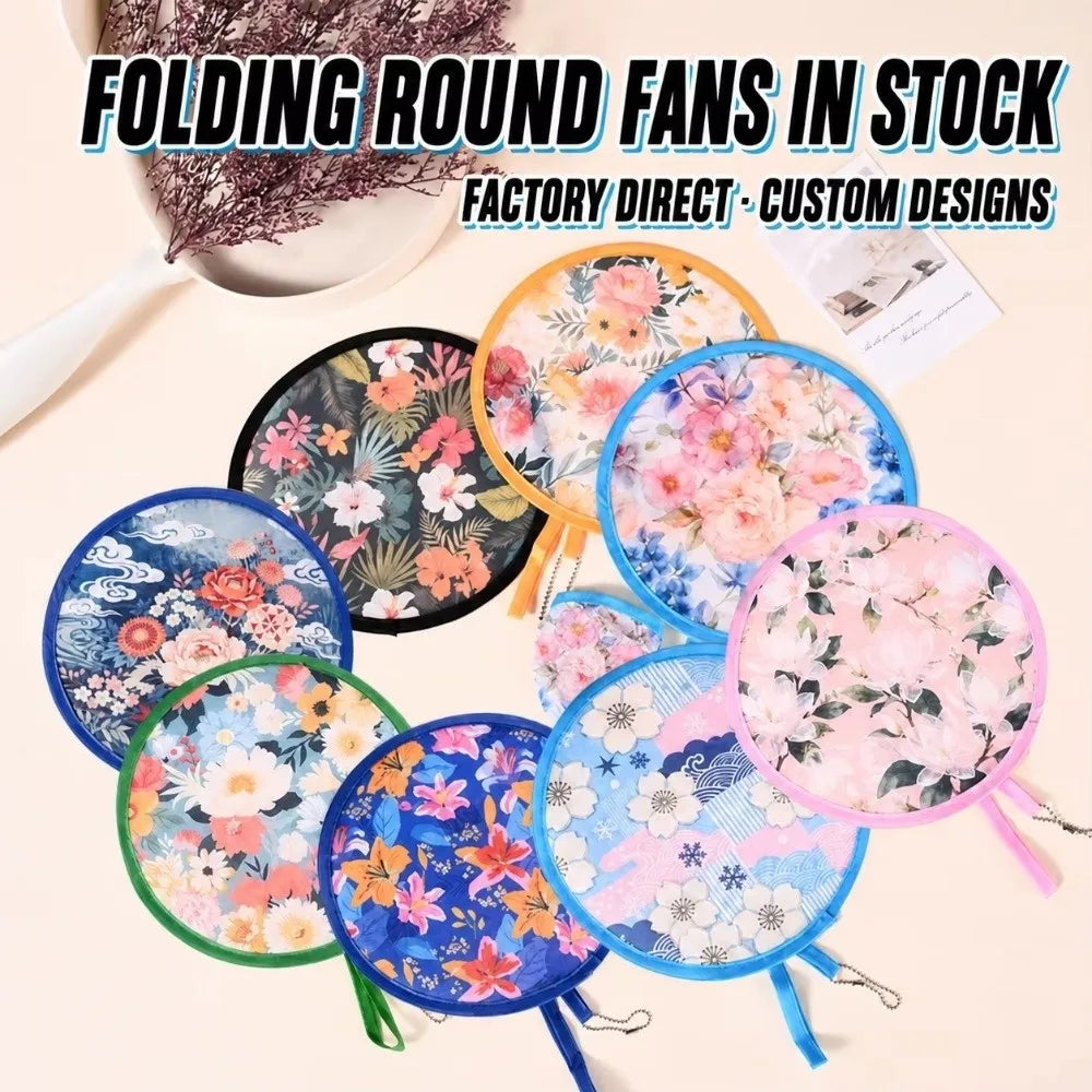 Round Foldable Handheld Fan with Storage Bag – 8 Styles