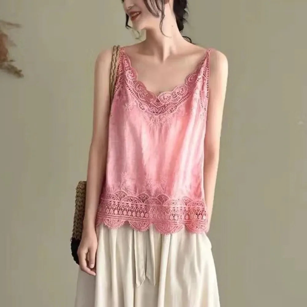 Retro Bohemian Embroidered Cotton Camisole | Spaghetti Strap Top Camisole Top Nixie Pink One Size