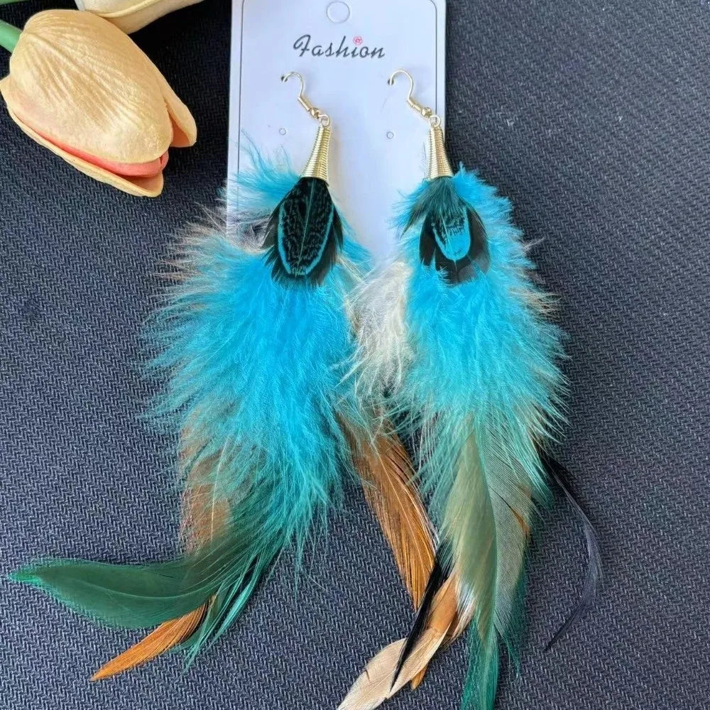 Boho Long Feather Tassel Dangle Earrings – Peacock Style