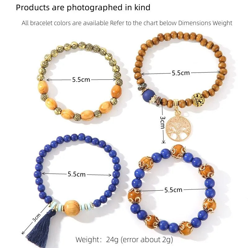 4pcs Vintage Boho Bracelet Set – Beads, Tassel & Leaf Pendant Bangle Bracelet Set Nixie