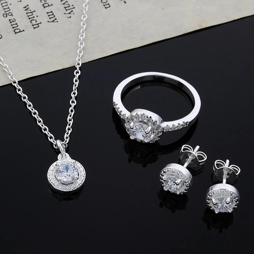Zircon Crystal Silver Necklace Ring & Earrings 3-Piece Set Crystal Jewelry Set Nixie