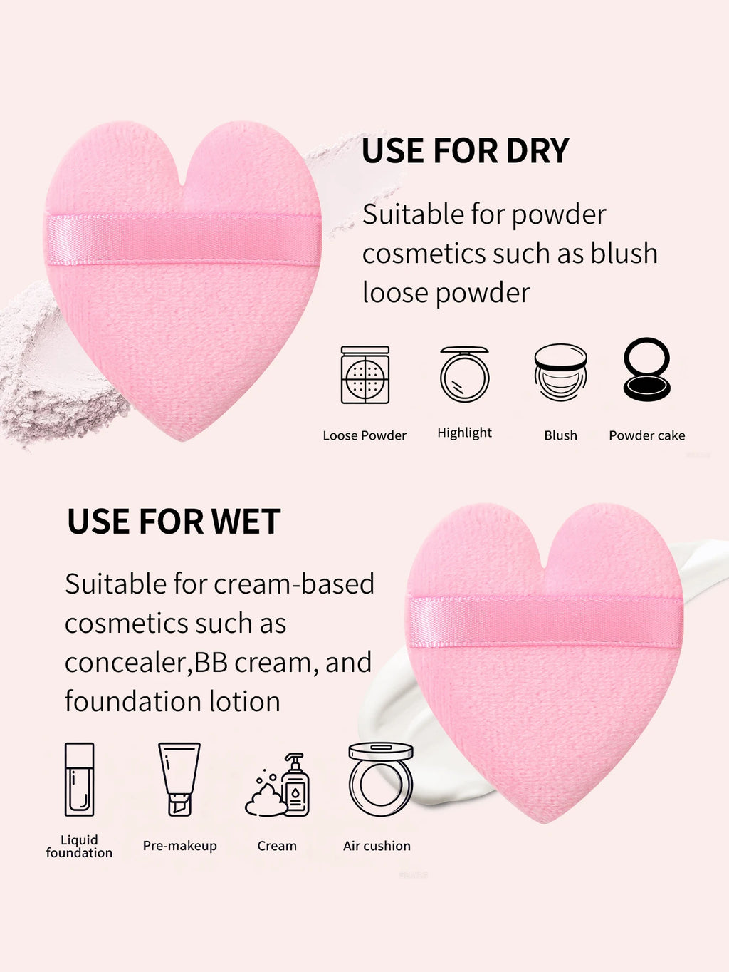 Heart Shaped Plush Makeup Puff with Strap – Set of 3 | Nixie Makeup Powder Puff Nixie