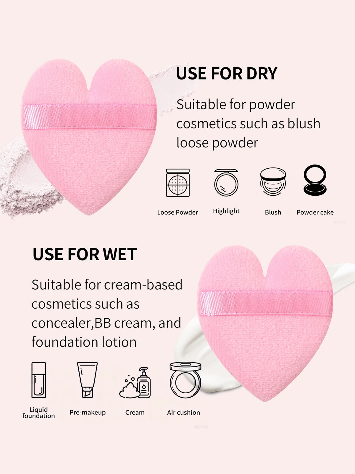 Heart Shaped Plush Makeup Puff with Strap – Set of 3 | Nixie