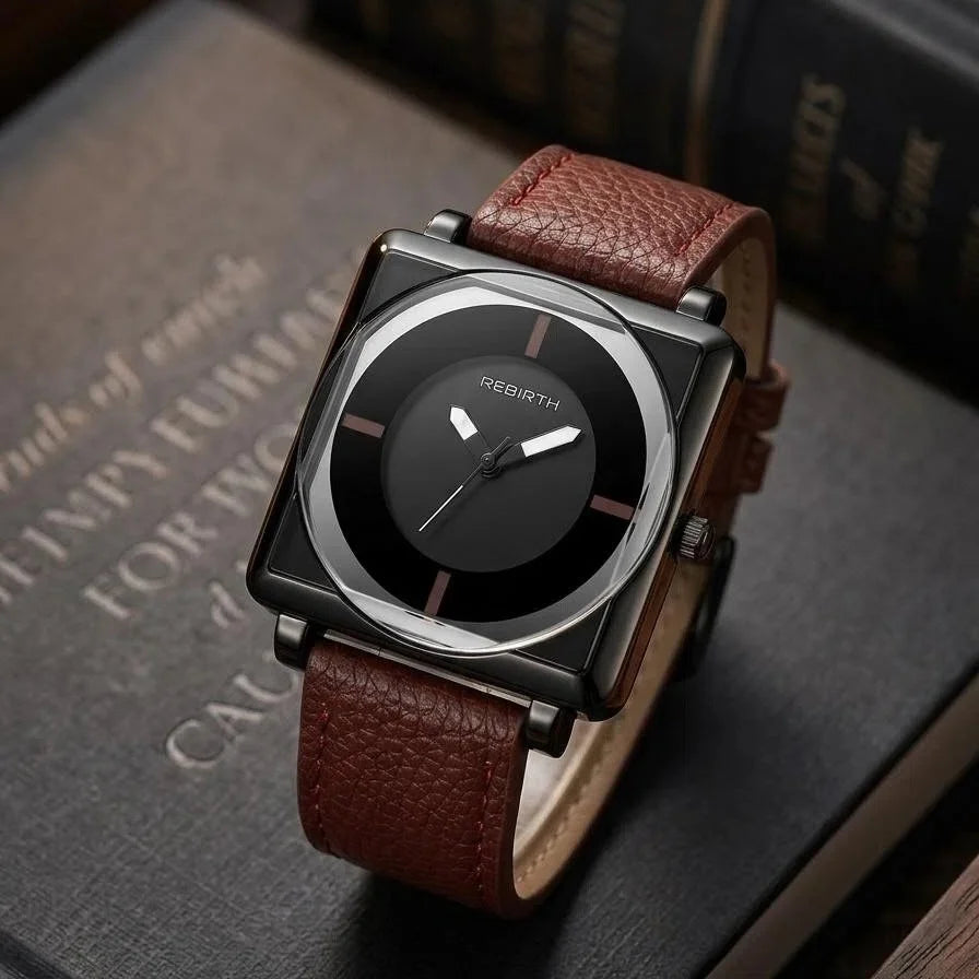 REBIRTH Women's Retro Square Quartz Watch – Leather Strap Women's Quartz Watch Nixie