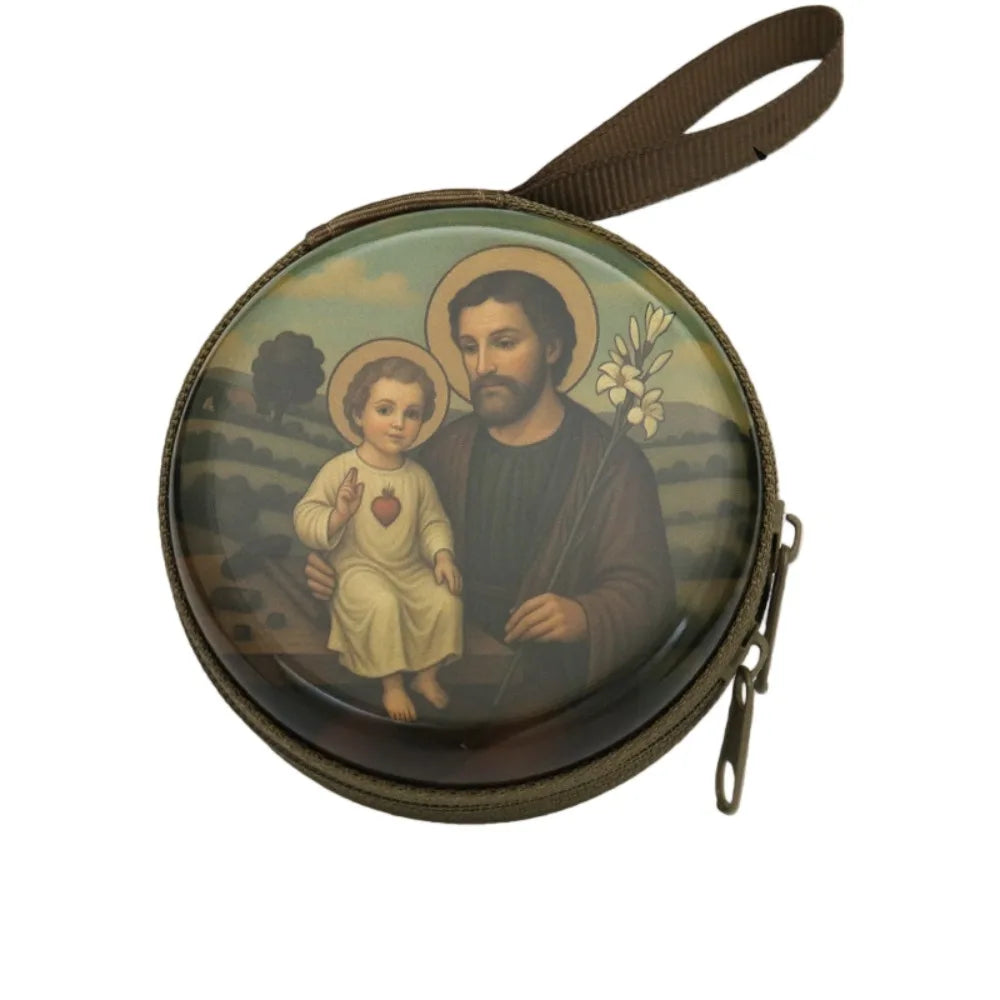 Virgin Mary Round Metal Rosary Storage Bag – Religious Keepsake