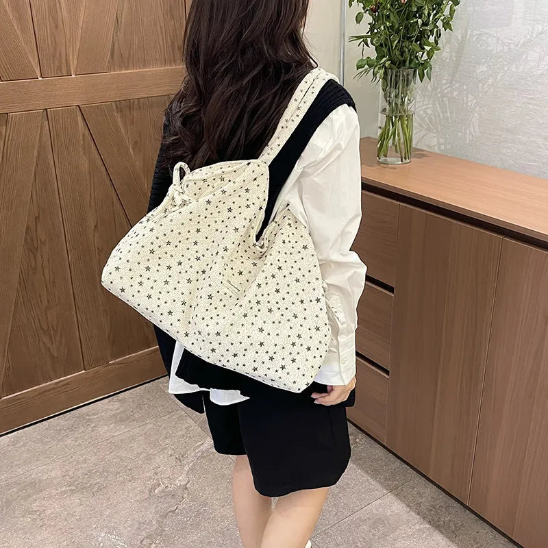 Korean Leopard Star Canvas Tote Bag – Large Shoulder Bag Canvas Tote Bag Nixie off-white