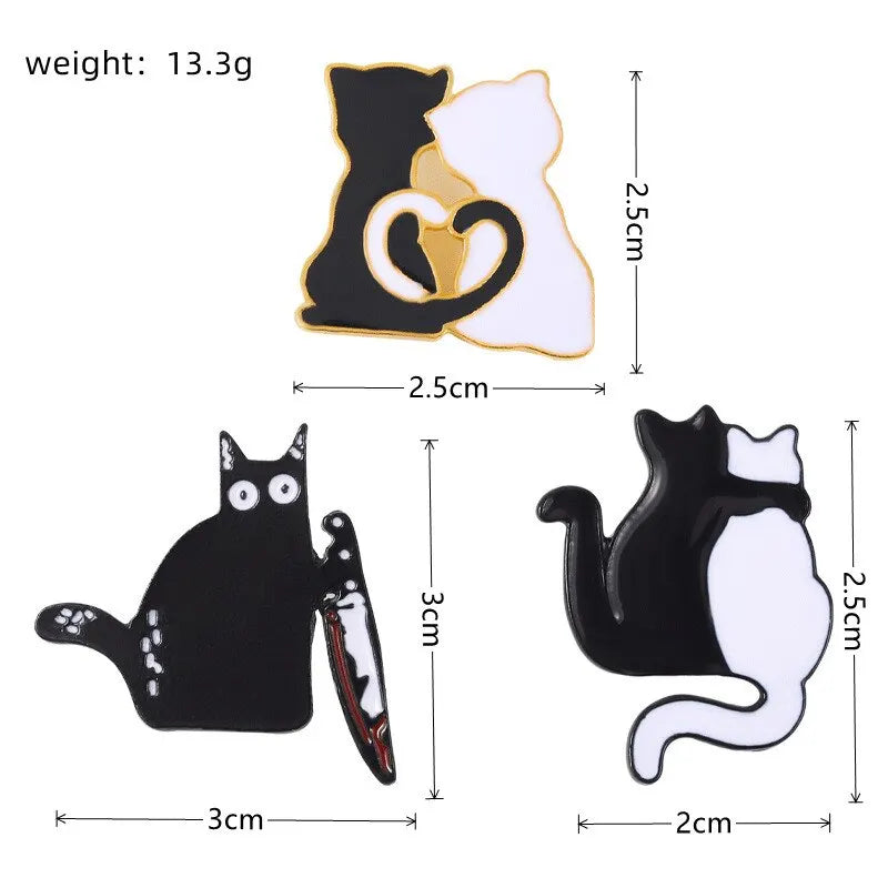 3pc Cartoon Cat Brooch Set – Unisex Black & White Pin Badge Fashion Brooch Set Nixie