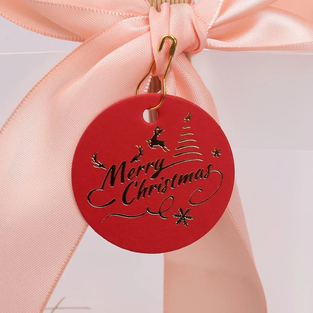 100Pcs Round Christmas Gift Tags – White & Red Paper Labels