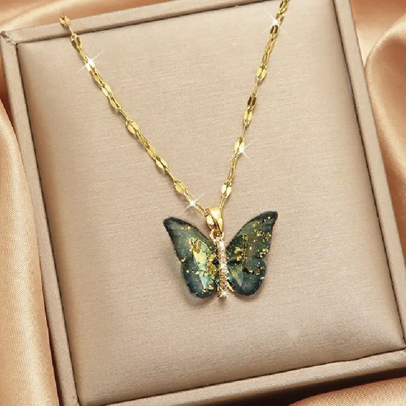 Gold Butterfly Zircon Pendant Necklace | Copper & Steel Chain Pendant Necklace Nixie