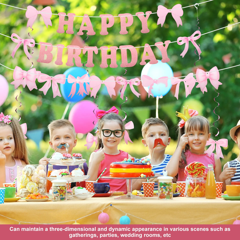 Pink Bow Happy Birthday Banner & Swirl Party Decoration Set Party Banner Set Nixie