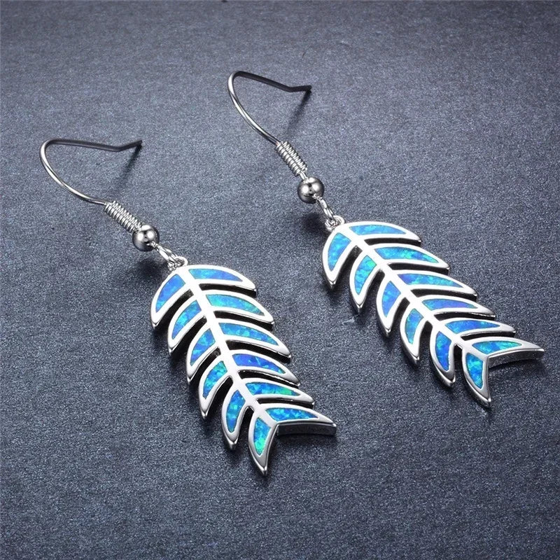 Vintage Simulated Opal Feather Dangle Drop Earrings | Retro Dangle Drop Earrings Nixie