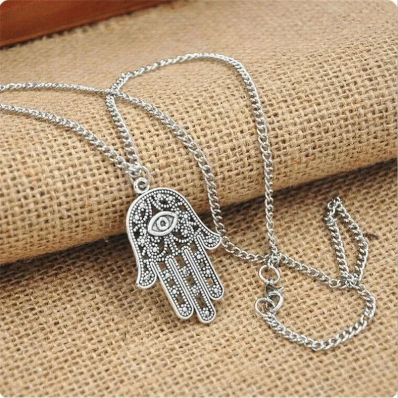 Vintage Silver Hamsa Hand of Fatima Evil Eye Pendant Necklace Pendant Necklace Nixie