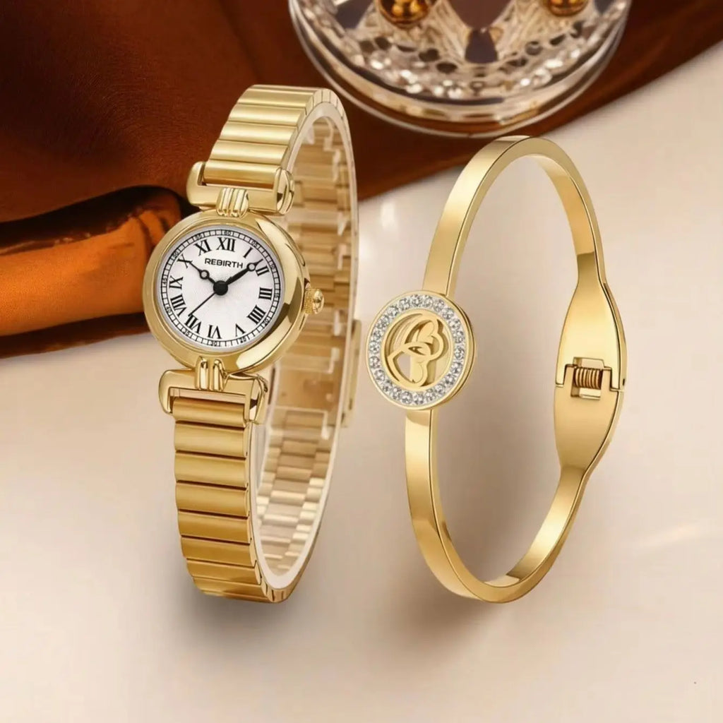 Retro Roman Numeral Gold Watch & Bracelet Set for Women Women's Watch Set Nixie