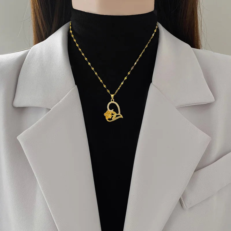 Rose Heart Pendant Necklace – Gold Stainless Steel Choker Pendant Necklace Nixie