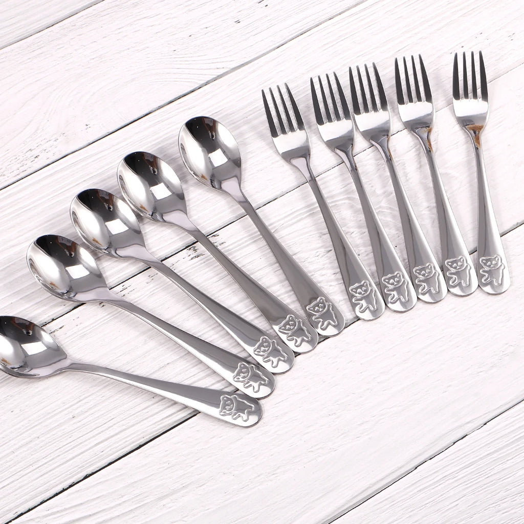 10-Piece Kids Stainless Steel Spoon & Fork Set – Cartoon Bear Kids Flatware Set Nixie 10pcs