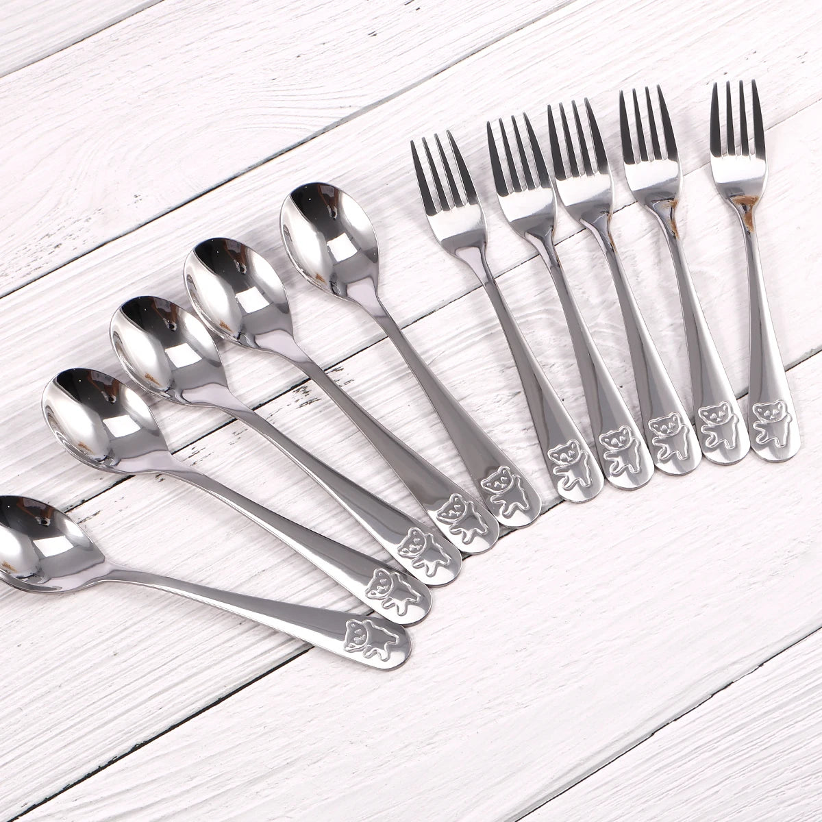 10-Piece Kids Stainless Steel Spoon & Fork Set – Cartoon Bear Kids Flatware Set Nixie 10pcs