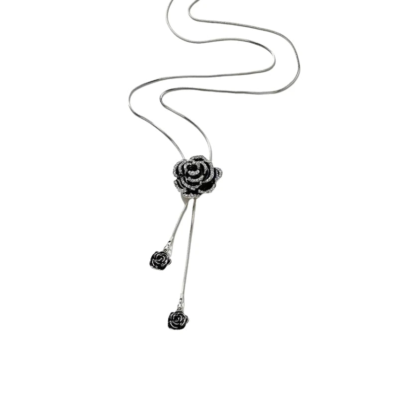 Black Rose Flower Long Pendant Necklace | Crystal Sweater Chain Pendant Necklace Nixie