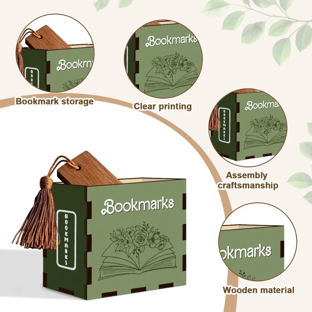 Wood Book-Shaped Bookmark Storage Box & Desktop Pen Organizer